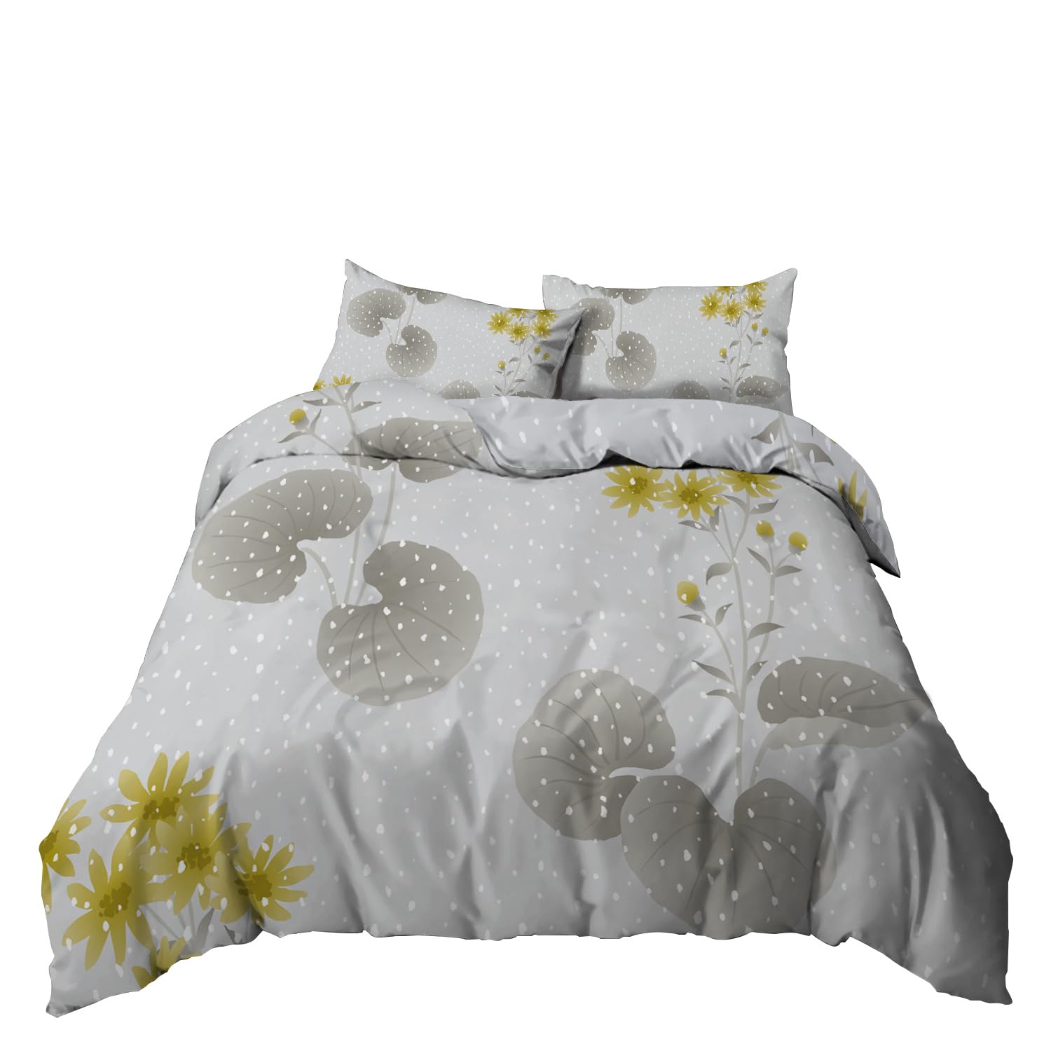 Copripiumino 200x200 Floreale, Set Letto con Stampa di Fiori Gialli e Foglie Grigie per Bambini, Ragazze e Donne, Setcopripiumino Reversibile in Stile Shabby Chic per La Camera da Letto con Federe e