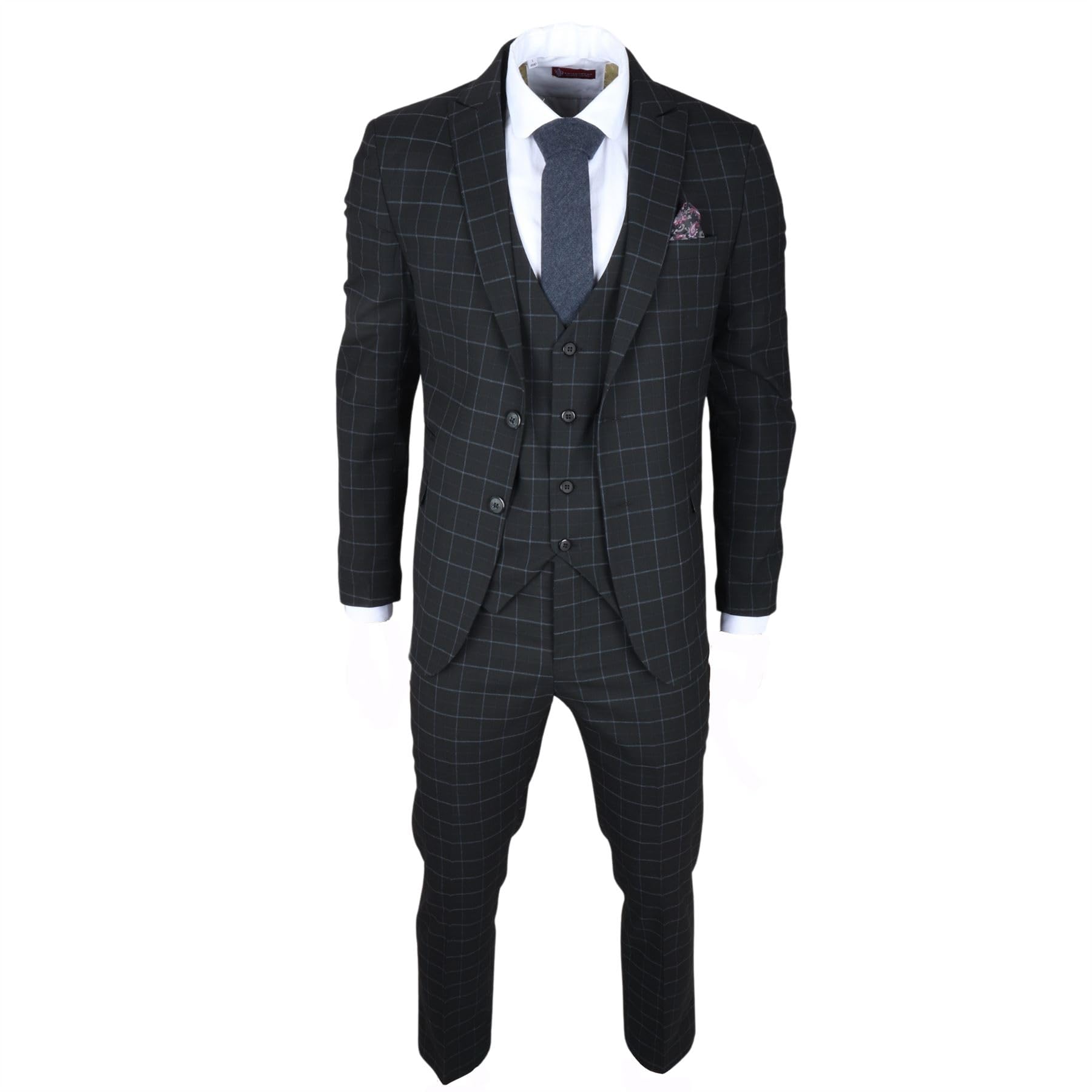 Men's Suit Black Checked Tailored Fit 3 Piece Formal Dress - Black 46