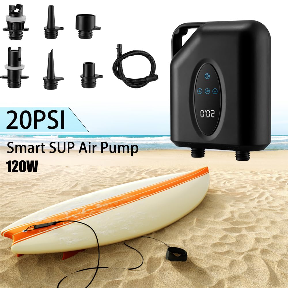Pompe à air électrique SUP 20 PSI sans fil - Rechargeable - 12 000 mAh - Gonflage et dégonflage en deux étapes - Arrêt automatique - SOS - Lampe de poche pour planches de paddle, kite, kayak, tente,