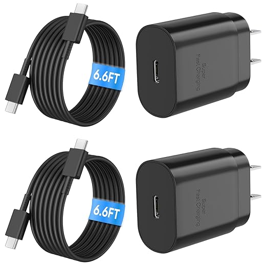 Adaptive Fast Type C Charger Compatible Samsung Galaxy S21+ S21 Ultra 5G S9 S8 Plus S10 S10e S20 FE Note 8 9 10 20 Plus, 2 Pack Charging Adapter + 2 Pack 6.6ft USB-C Cables