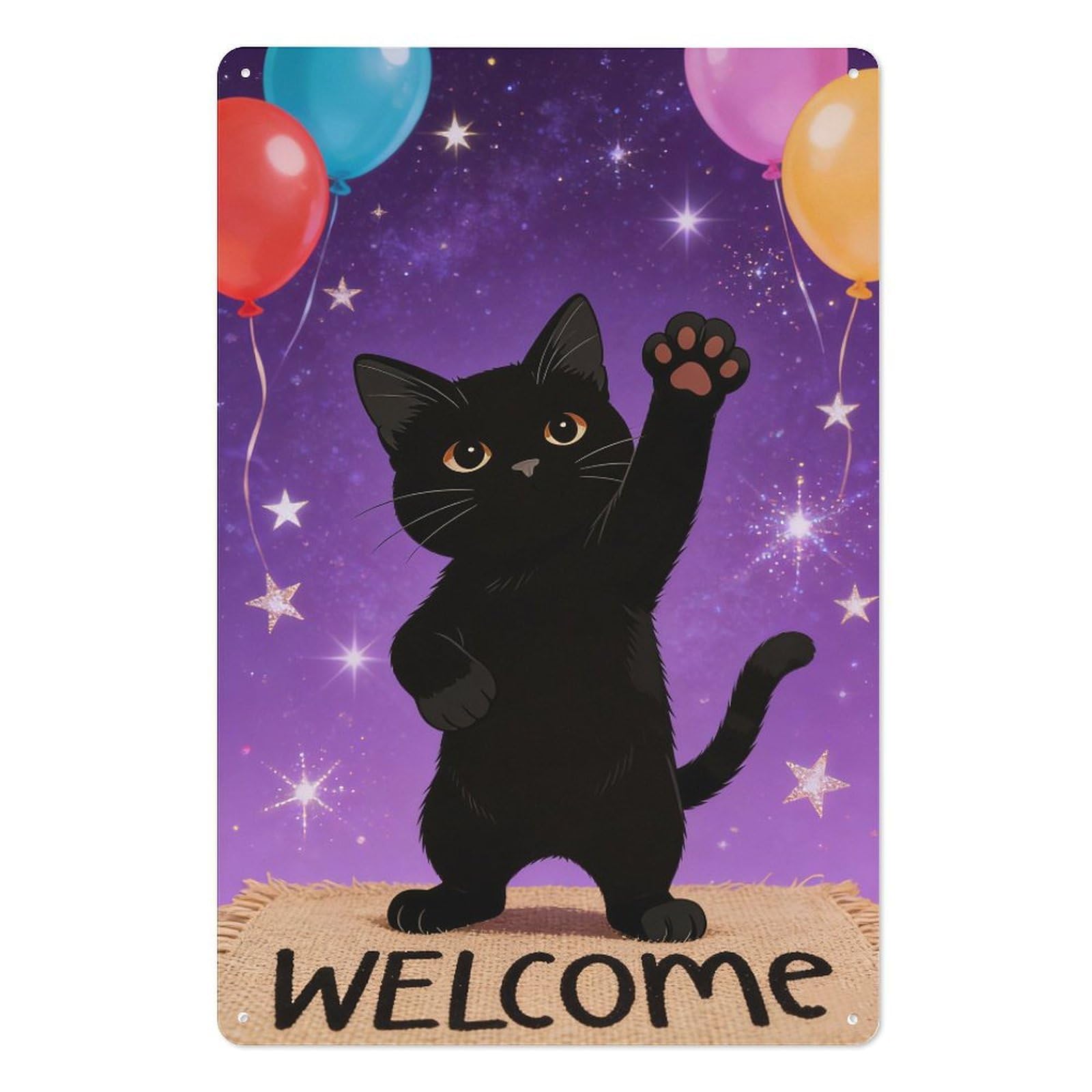 peiyeety WELCOME Metal Tin Sign 8x12 Inch – Playful Black Cat with Stars and Colorful Balloons Wall Decor Plaque for Front Door, Porch, Home