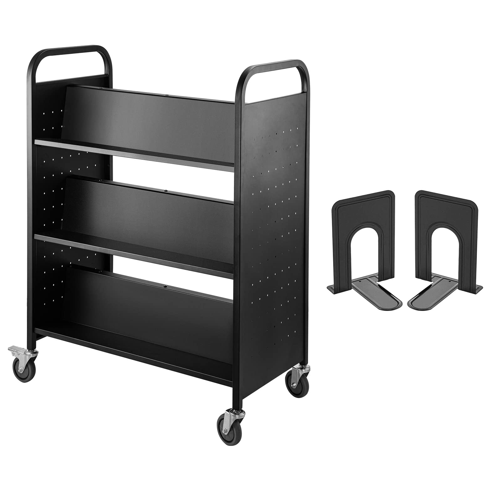 VEVOR Bücherwagen, 90 kg Bibliothekswagen, 125 x 90 x 48 cm Rollender Bücherwagen, doppelseitige, W-förmige, geneigte Regale mit feststellbaren Rädern für Heimregale, Büro, Schule