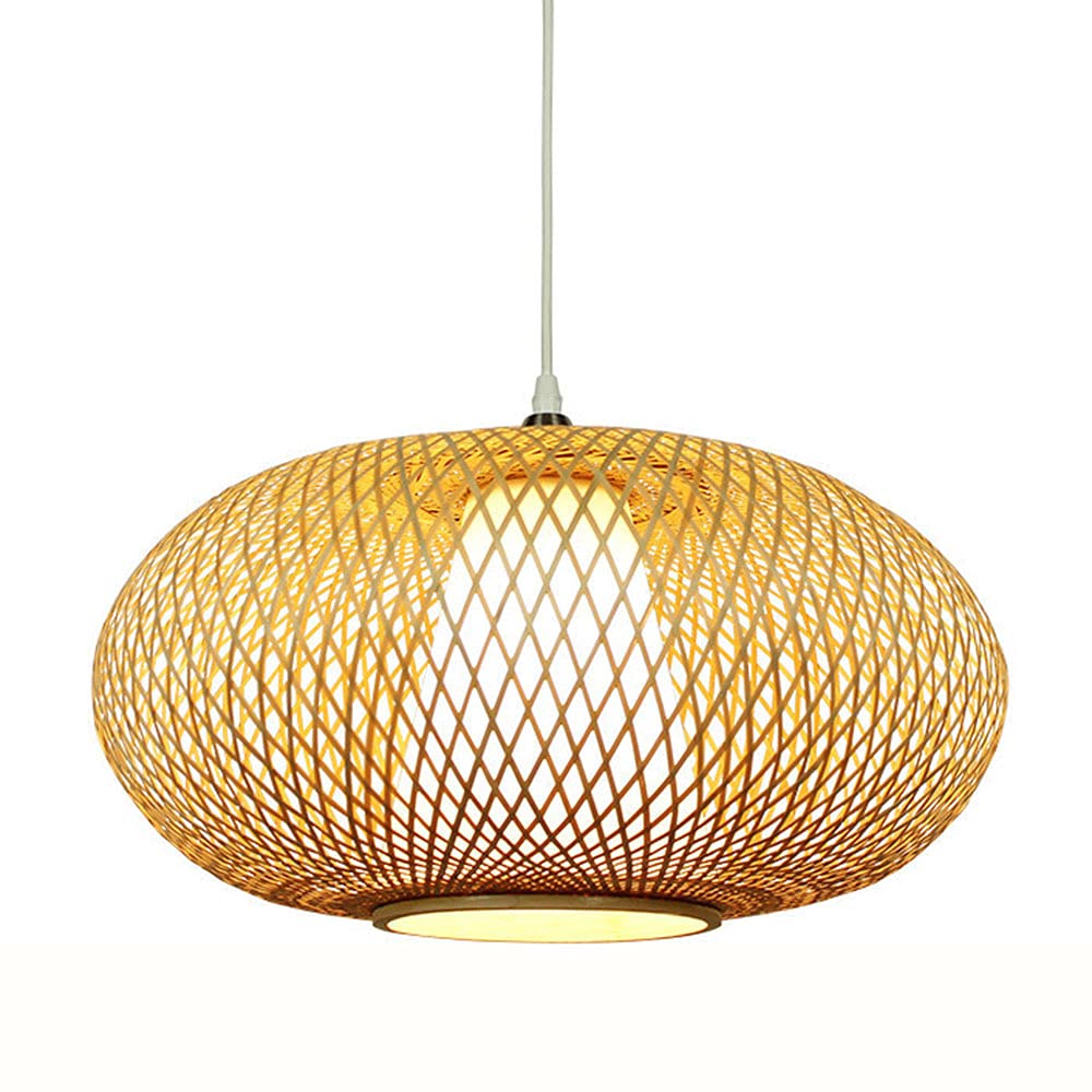 LYMSXAZOU Chinese Style Rustic Lantern Pendant Lighting Bamboo Chandelier Rattan Drum 1 Light Lamp, Woven Fixture For Kitchen Island, Living Room, Dining E27