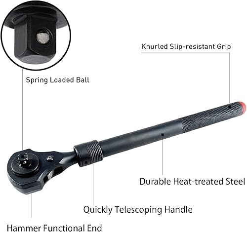 Miniatura 2 de MacWork Mango de trinquete de doble cabeza de 12 pulgadas y 38 pulgadas, llave de trinquete telescópica negra con función de martillo