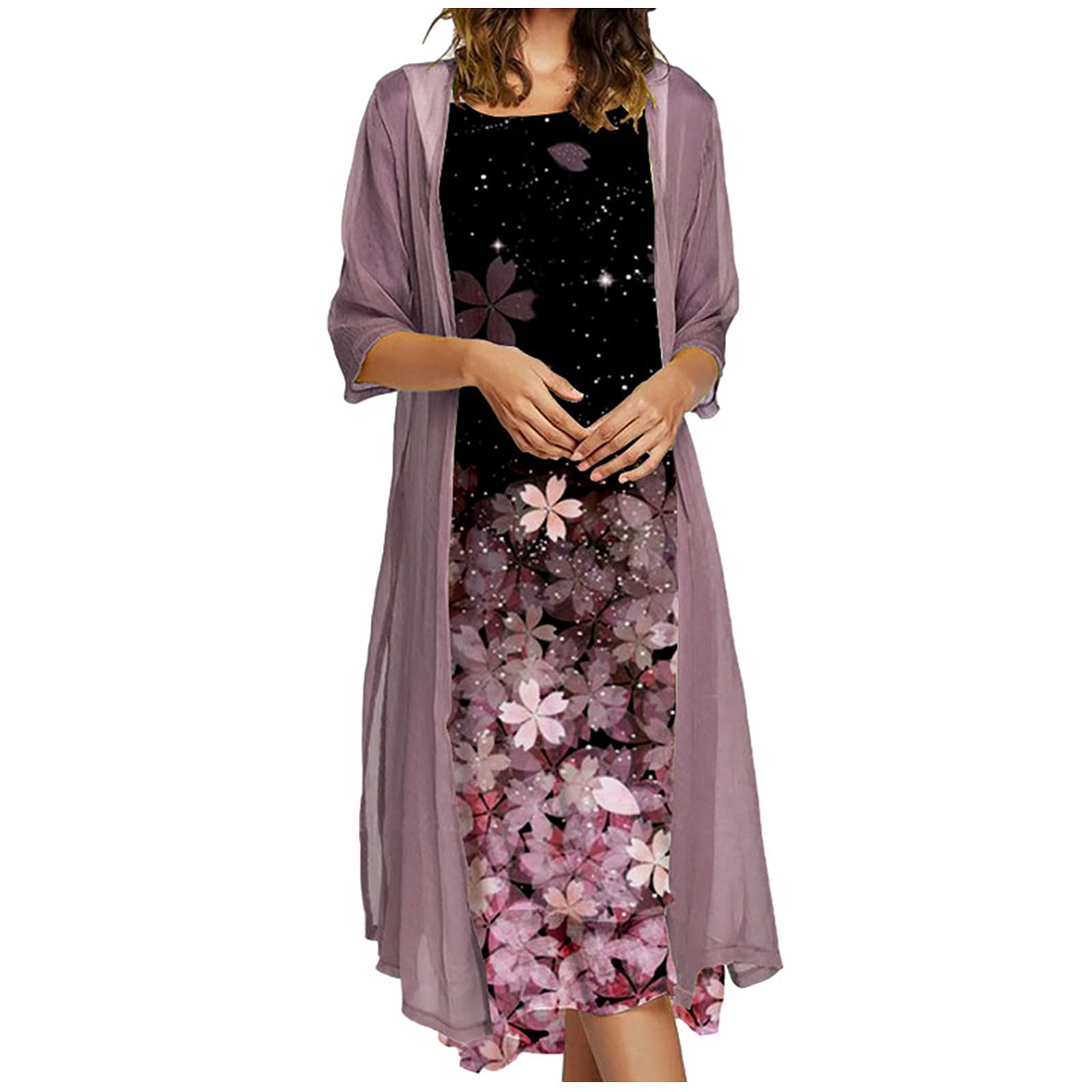NUSGEAR 2021 2pcs Vestidos + Cárdigan Mujer Moda Fiesta Elegante Vestido Larga Basico otoño Vestido sin Manga Casual Vestido de Cóctel Vestido de Noche impresión Vestido sin Manga Mujer