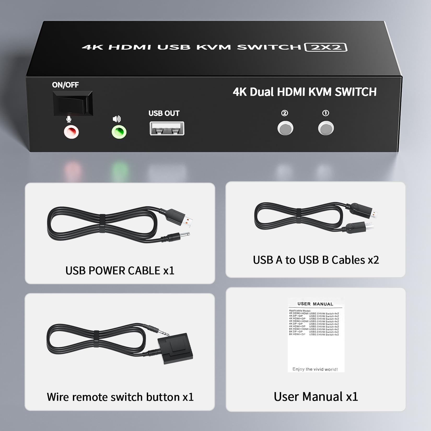 Conmutador KVM de 2 puertos doble monitor 4K 60Hz HDMI 2x2 para 2 computadoras 5 puertos USB