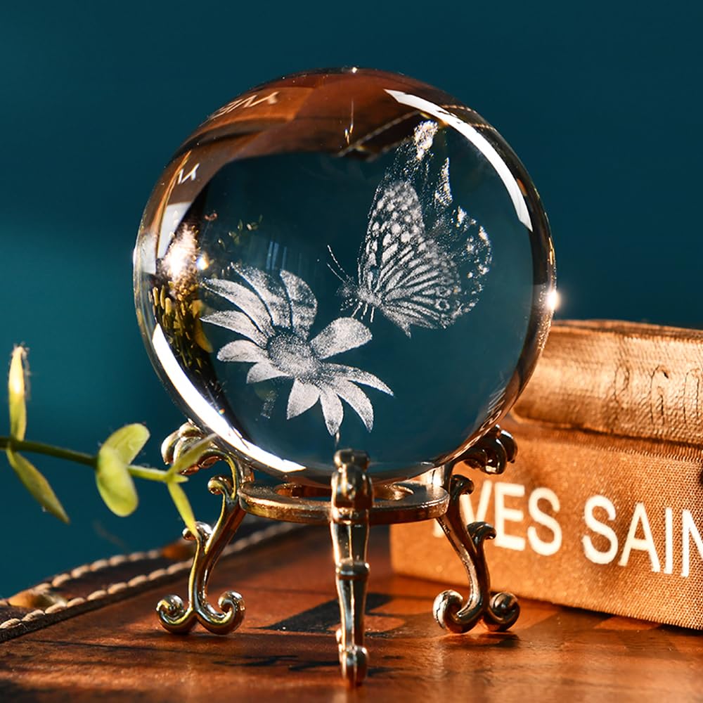 ZRENJHUS 3D Butterfly Crystal Ball Glass Paperweight Butterfly Ornament Gift Figurines for Home Decor