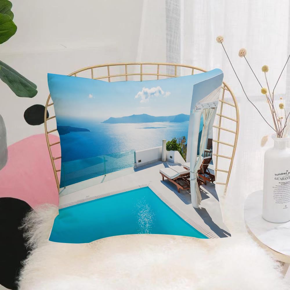 HYOSXW Cushion Cover,Throw Pillow Case Home Decorative for Living Room Bedroom Sofa Chair 16X16 Inch,House Decor, Architecture on Santorini Island Greece Swimming Pool Blue White H,Pillowcase 40X40cm