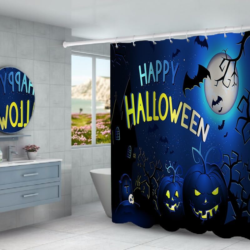 Miniatura 5 de CRTEPST Juego de 4 cortinas de ducha de Halloween, cortinas de ducha, alfombras de baño antideslizantes, funda de inodoro, tapete de baño,