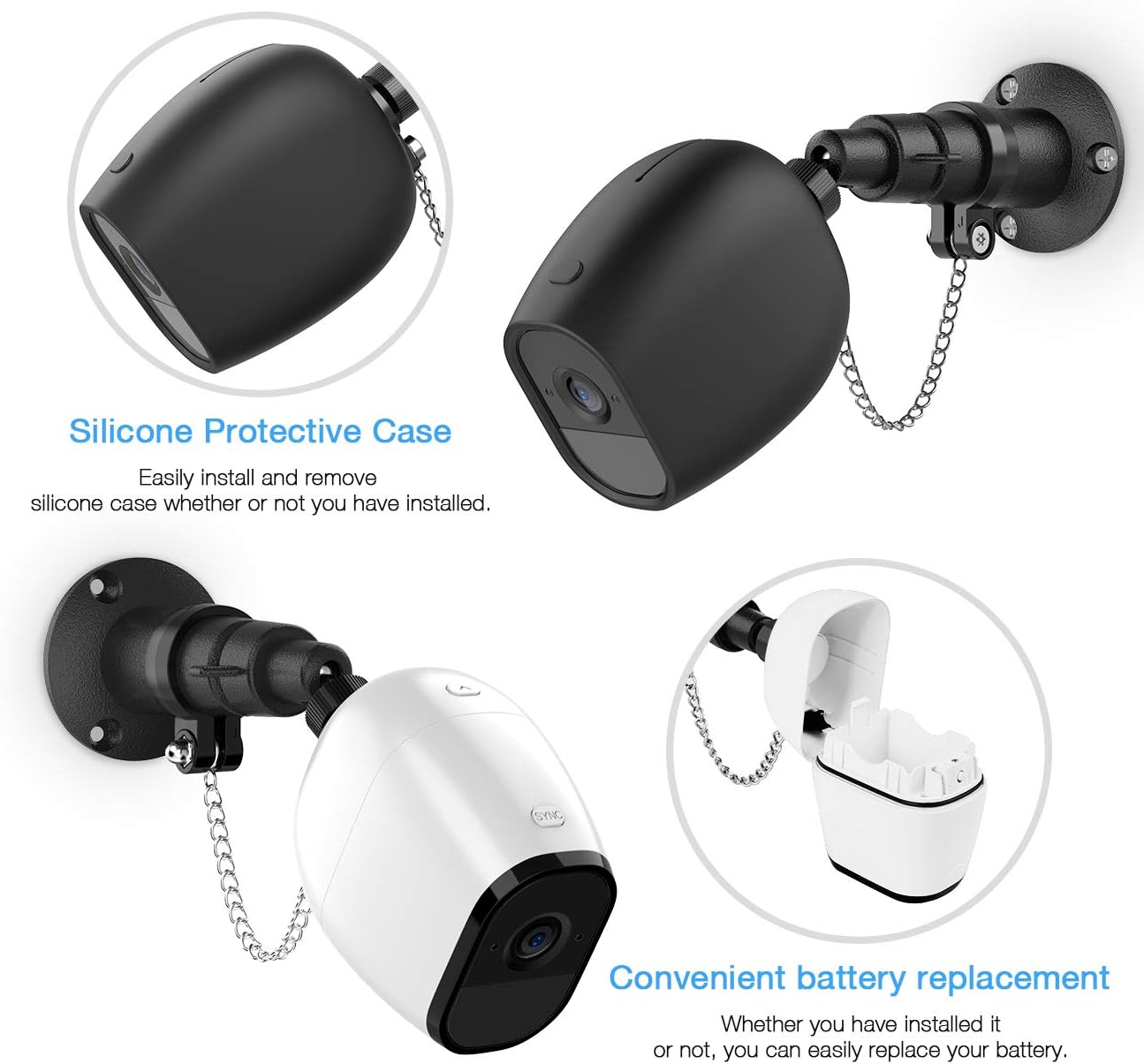 HOLACA Security Outdoor Mount for Arlo pro Arlo pro 2 with Anti-Theft Chain,Silicone Protective Case-Extra Protection for Your Arlo Wireless Home Security Camera (3 Pack, Black)
