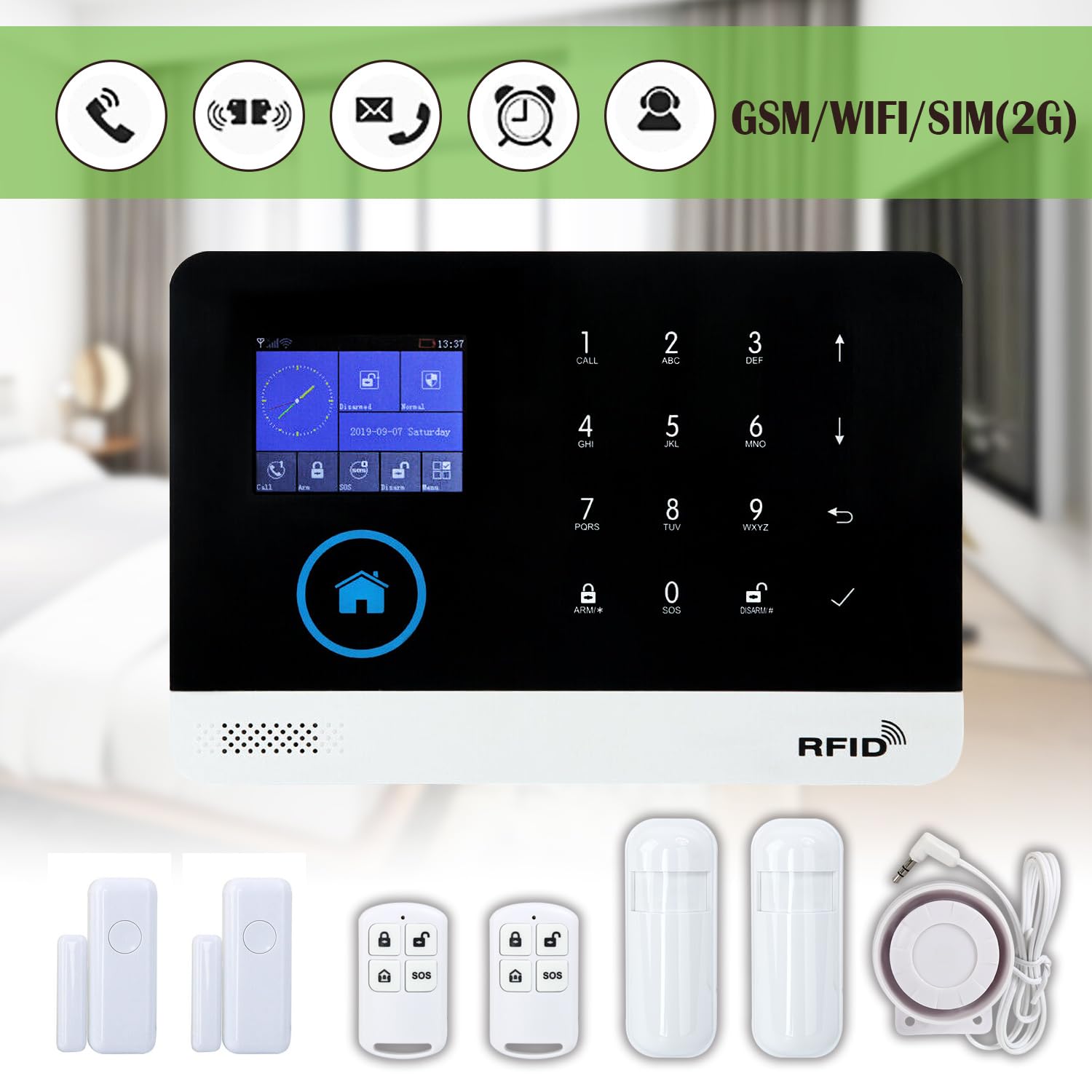 Discoball Système d'alarme de sécurité sans fil avec détecteur de mouvement, capteur de porte/fenêtre et télécommande, fonctionne avec Smart Life, application Tuya et Alexa, sans frais mensuels (kit