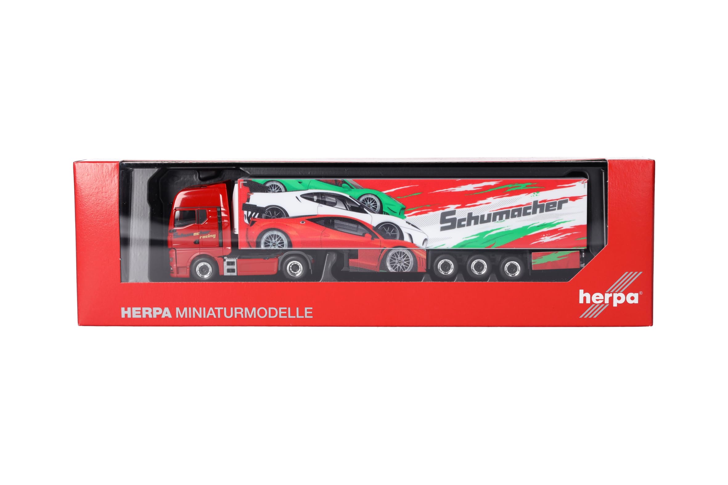 Herpa Modellino camion MAN TGX GX autoarticolato frigorifero "Schumacher", miniatura in scala 1:87, pezzo da collezione, Made in Germany, plastica