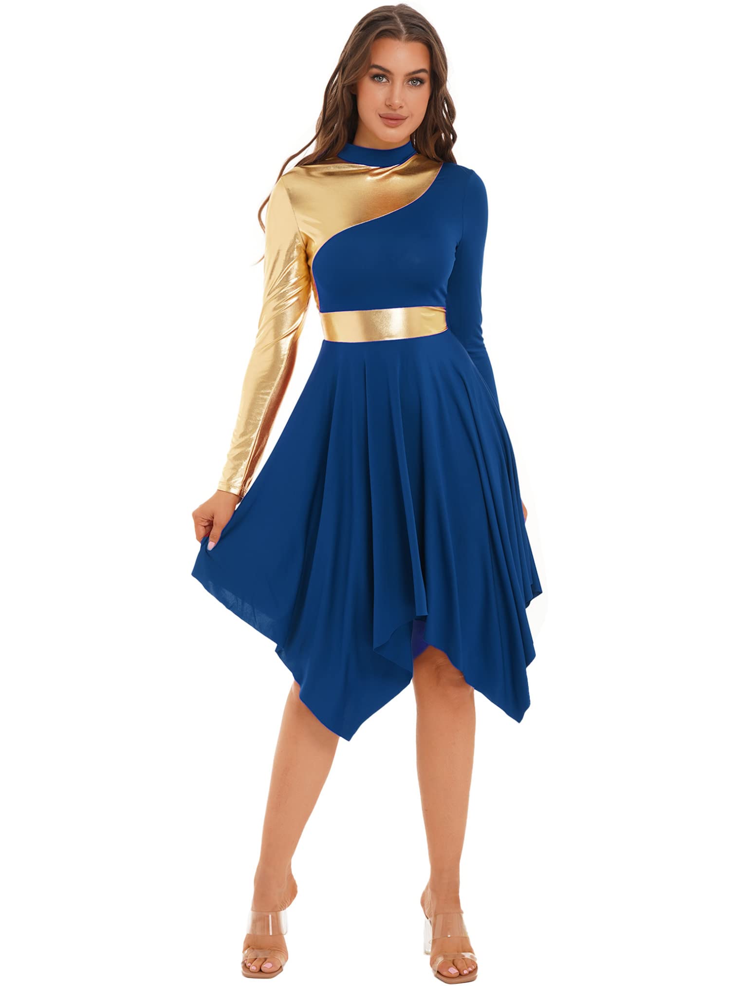 vastwit Women's Color Block Metallic Long Sleeve Liturgical Praise Dance Tunic Worship Lyrical Dance Dress