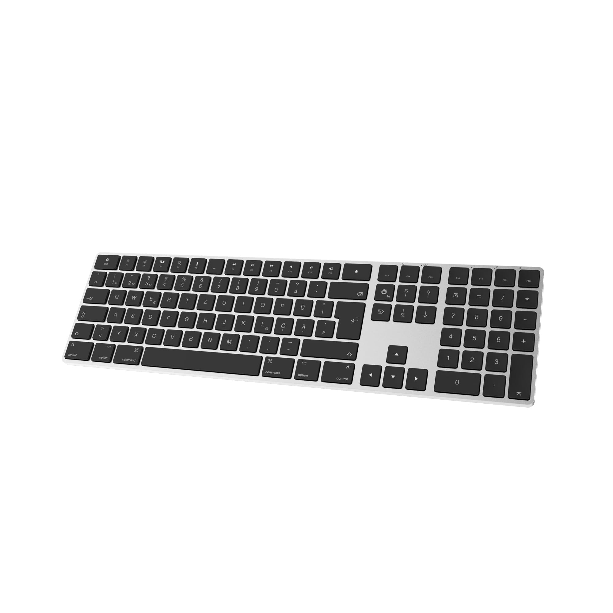 Bluetooth Aluminium Wireless Tastatur für Mac, Low-Profile und leise Tasten für Multi-Device Kompatibel mit Apple iMac, MacBook, Mac und iPad, wiederaufladbarer Akku, Silber Schwarz - KB-K2-SV-DE