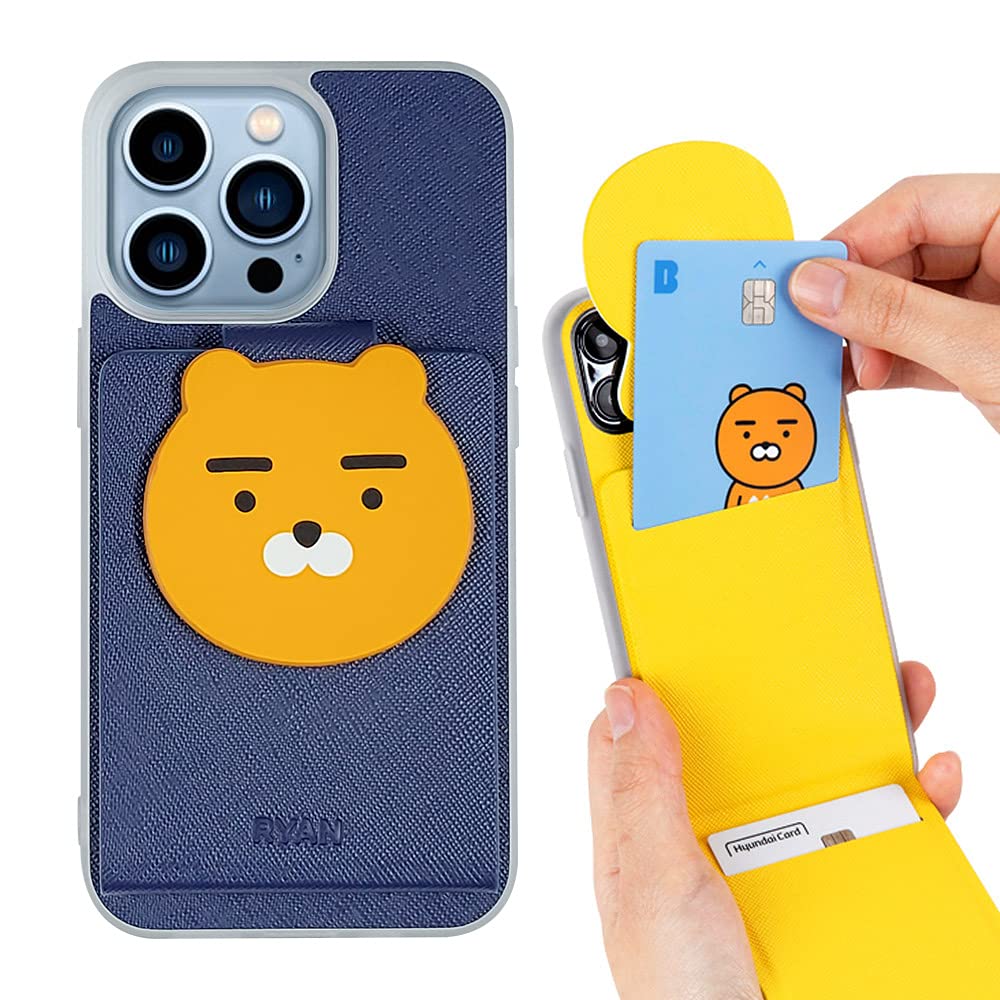 KAKAO FRIENDSBack Cover Case Compatible with iPhone 14 Pro, Card Holder Wallet Case, Magnetic, Cute Design Cover for 6.1 Inch (Ryan-Navy)
