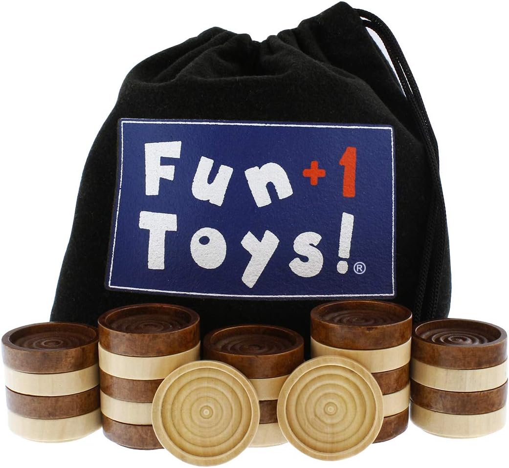 Fun+1 Toys! Classic Wood Checkers Stackable Pieces - Set of 26 Total Checkers Pieces in a Velvet Drawstring Storage Pouch. Each Piece 1.125-Inch Wide and in Brown/Natural Colors.