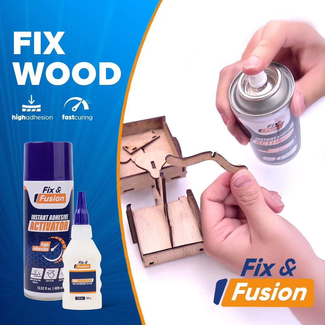 FIX & FUSION Set Colle Super Glue (100 g) et Activateur Spray (400 ml) | Adhésif Cyanoacrylate Rapide & Activateur Instantané pour Bois, Plastique, Caoutchouc, Métal & Bricolage, Réparations (12 Pack)