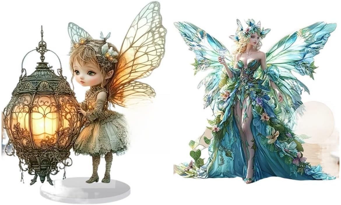 Fairy Figurine Acrylic Desktop Decoration, 2D Flat Stand, Glowing Lantern Fairy and Blue Angel Fairy, Home Bedroom Decor, Set of 2 (Child)