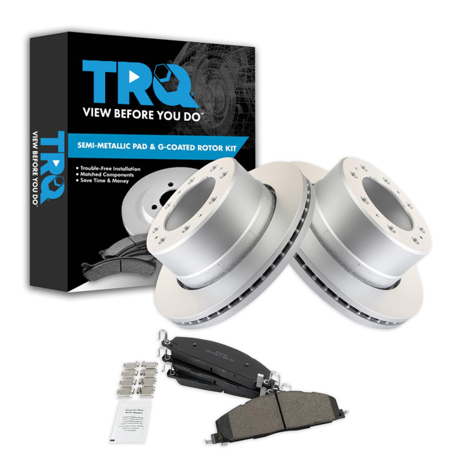 TRQ Rear Brake Pad &amp; Rotor Kit Semi-Metallic Premium G-Coated Compatible with 2009-2010 Dodge Ram 2500, 3500 2012 Ram 1500 2011-2018 2500 3500