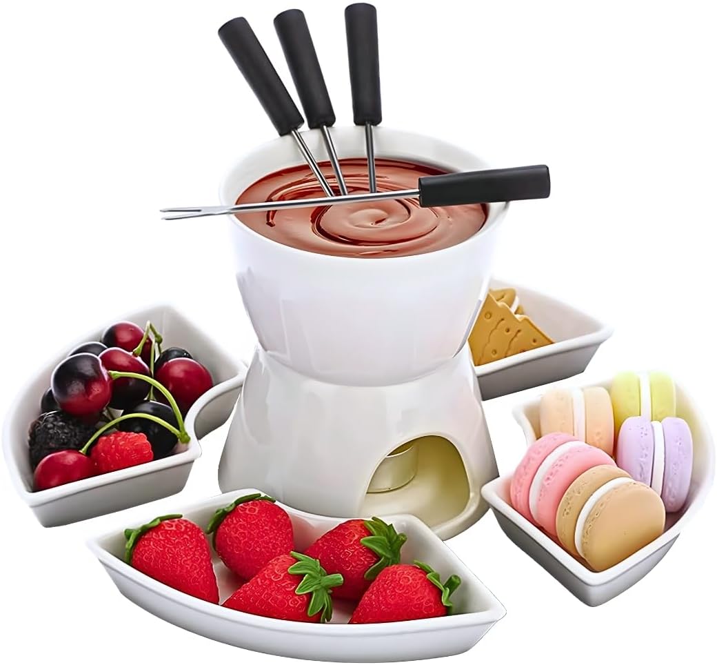 HomeZone 10pc White Ceramic Chocolate Fondue Set with Stainless-Steel Forks and 4 Half Moon Serving Dishes, Microwave and Dishwasher Safe Cheese Fondue Tealight Candle for Birthday Mother's Day Gift