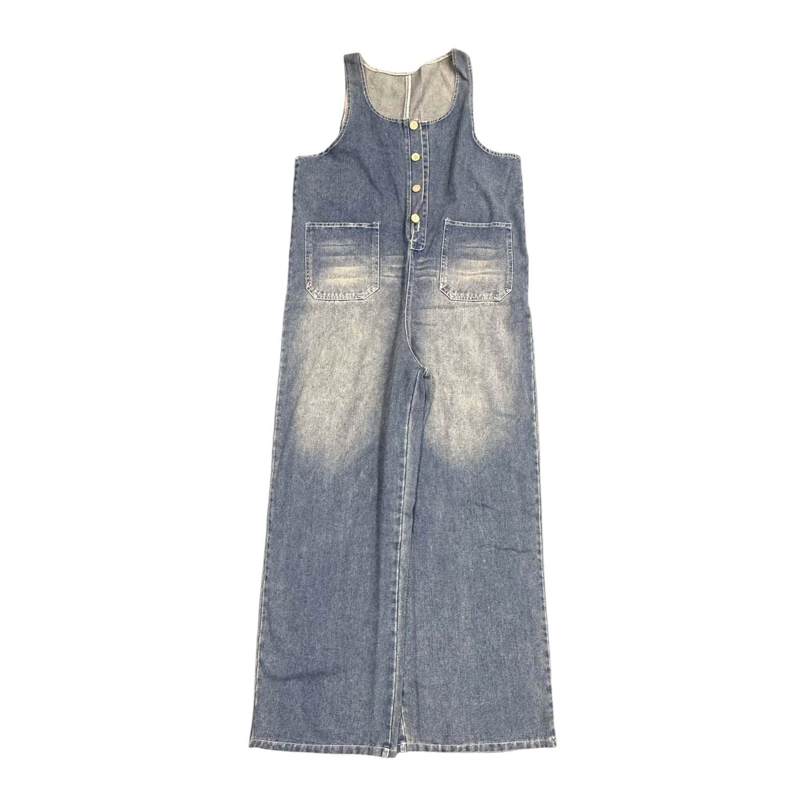 Generisch Damit Overall Peto für Weite Ärmloses U-Ausschnitt ElegRomper Taschen Knöpfe Playsuit Lässige Lockerer Schnitt Jeans Langer Bein Damen