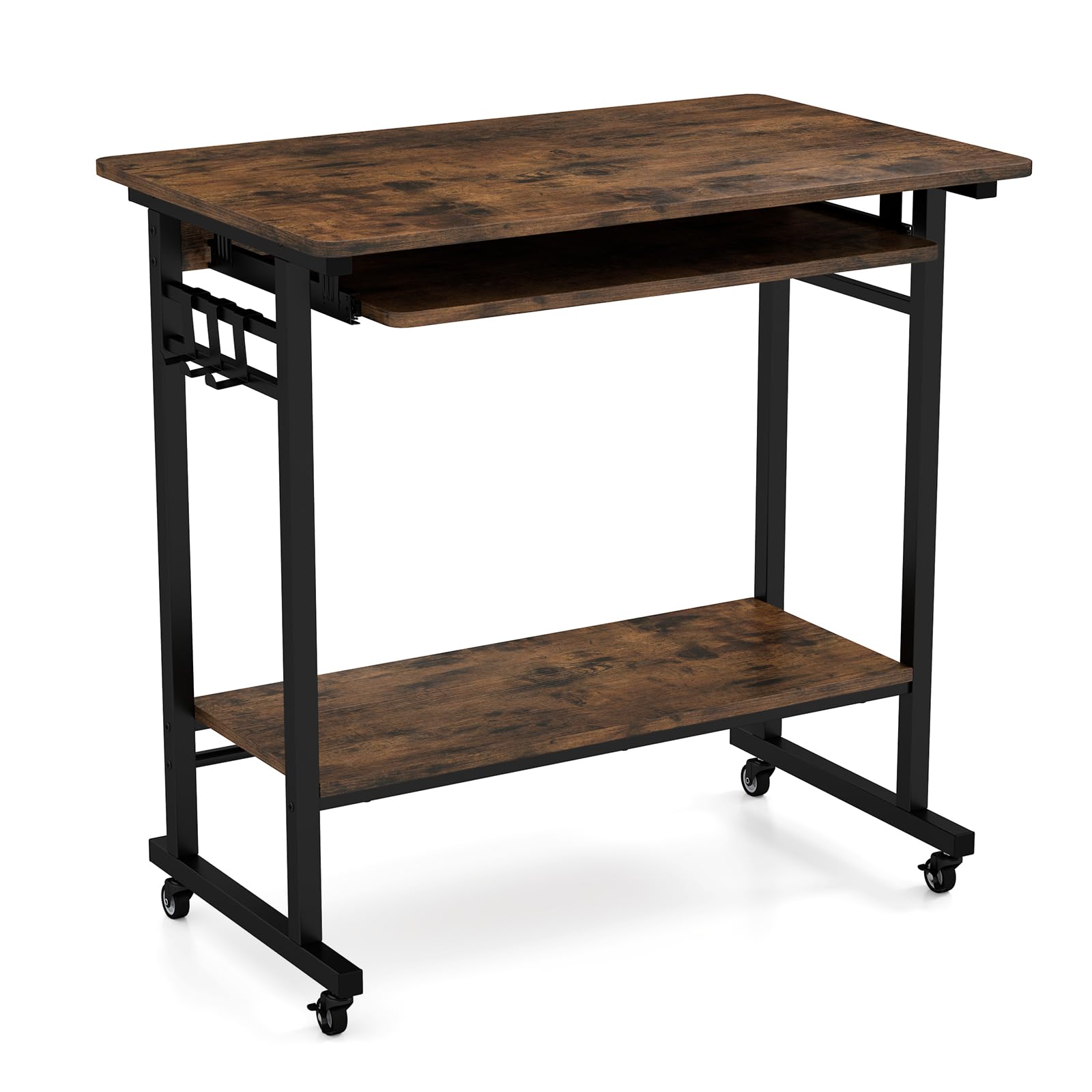 GYMAX Scrivania in Metallo e Legno, Tavolo da Lavoro con Vassoio per Tastiera, 3 Ganci e Ripiano Inferiore Aperto, 4 Ruote Universali Silenziose, 80 x 50 x 78 cm, Marrone Industriale