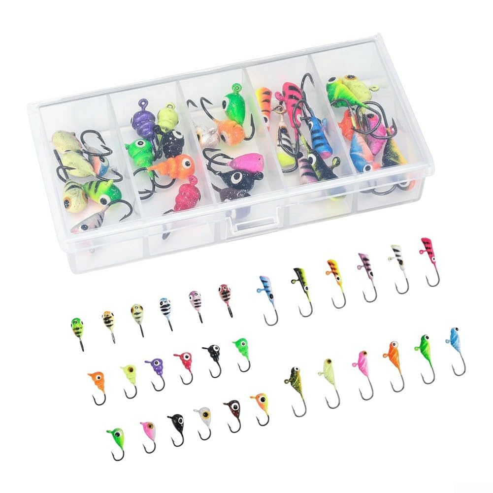 Set of 30 Luminous Hard Bait Jigs for Ice Fishing Adventures Focused on Crappie Bass Trout and Deep Water Fish Species