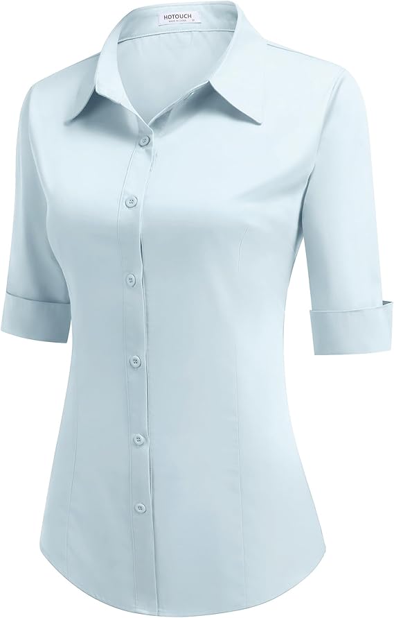 Zeagoo Damesblouse, slim fit, katoen, 3/4 mouwen, V-hals, basic blouse met knoopsluiting, maten XS tot XXL, Marineblauw (een maat kleiner voor een