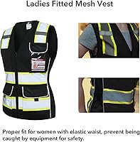 Vista 3 de Dib Safety - Chaleco para mujer con bolsillos, chaleco reflectante de malla de alta visibilidad, clase 2 ANSI hecho con cinta reflectante 3M, Negro