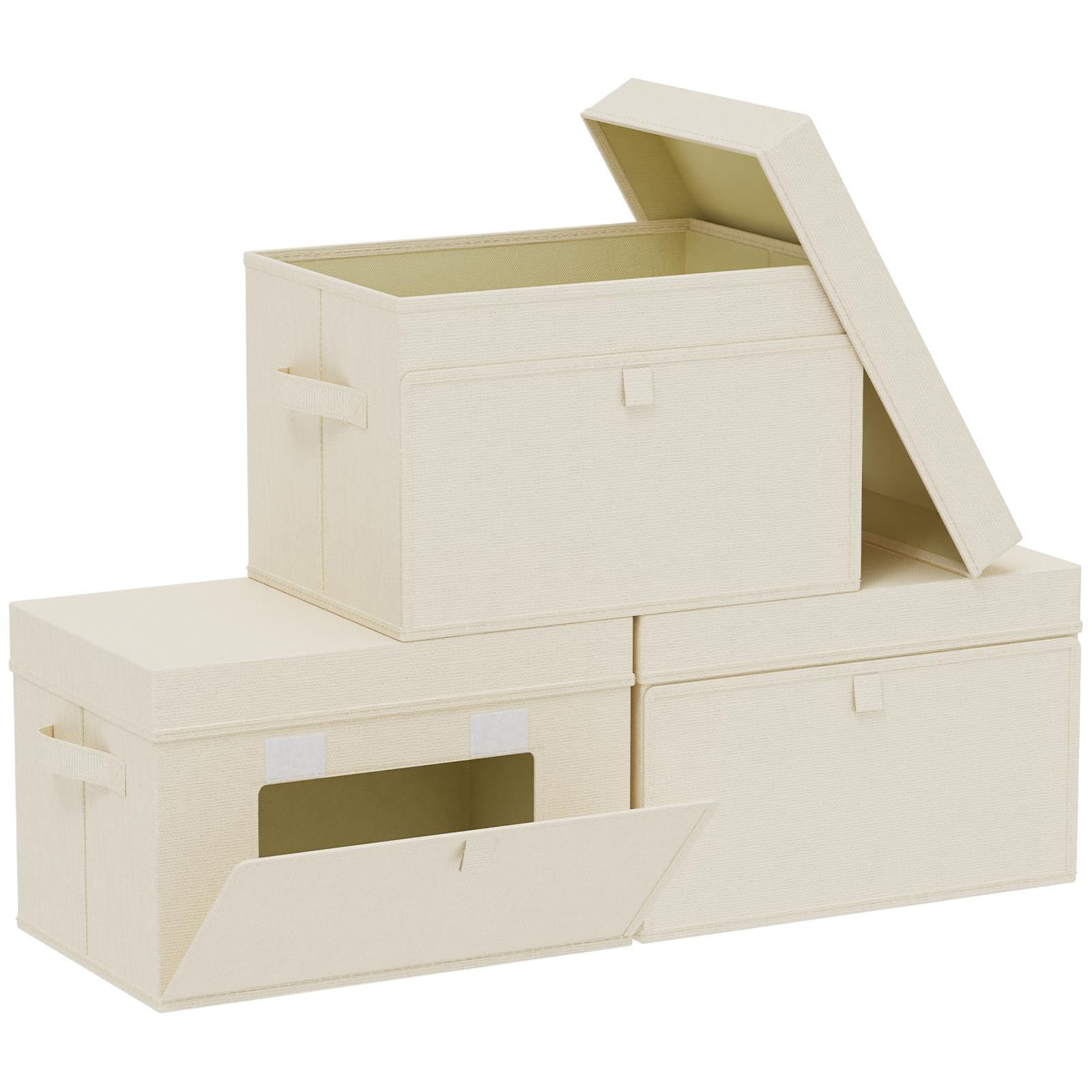 Scatole di Stoccaggio Pieghevoli con Coperchi, Organizzatore Armadio con Manici, Cubo Portaoggetti in Tessuto, per Casa, Ufficio, Scuola, 3 Pezzi, 38x25x25cm, Beige