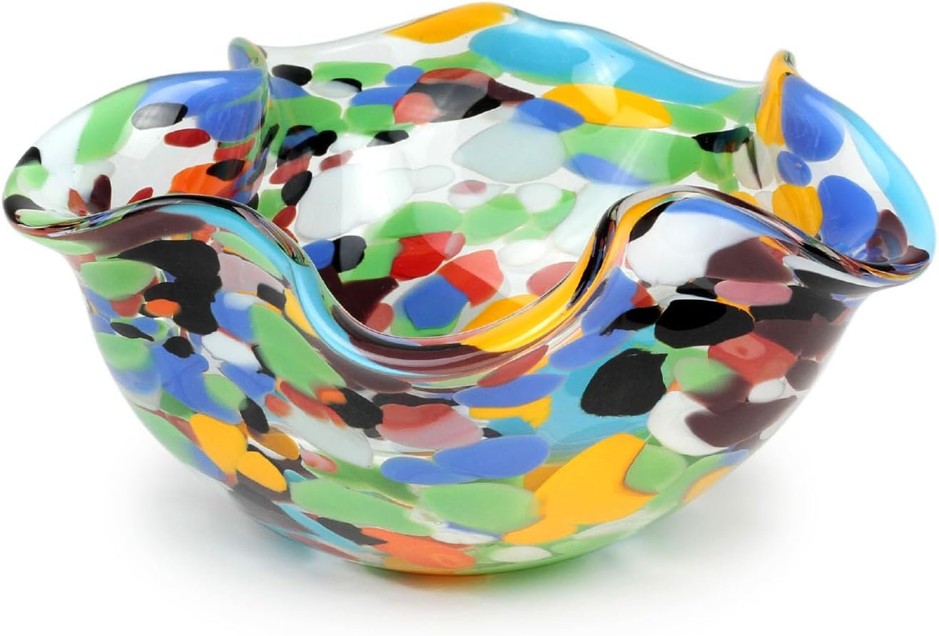 Murano Style Art Glass Bowl Hand Blown Colorful Confetti Effect Home Decor