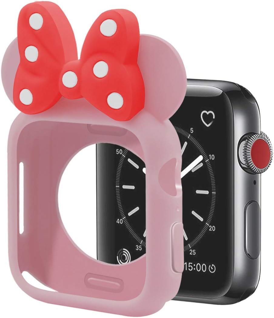 Nenis Cartoon Soft Silicone Protective Frame Anti-Scratch Cover| Case Mouse - Kitty Ears Compatible with Apple Watch Series 8, 7, 6, 5, SE (Pink - Red, 41mm)