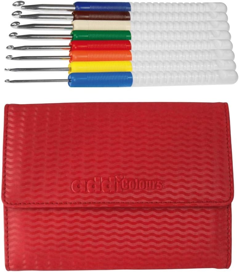 Addi Crochet Hooks Set, Colored Grip, 9 Pieces, Includes Sizes 2.50-6.00mm, Hand Travel Case, Metal