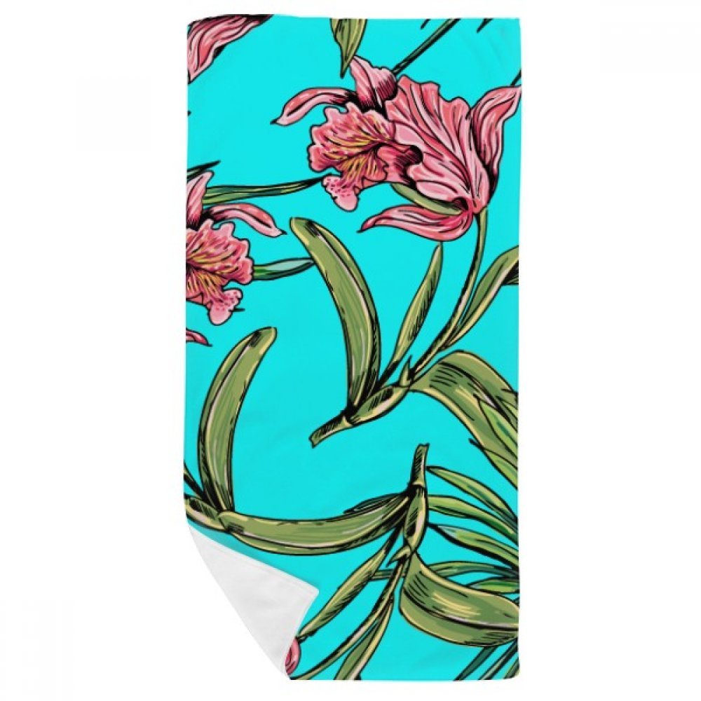 Serviette de bain doux bleu ciel fleur plante feuille multicolor 35x70cm