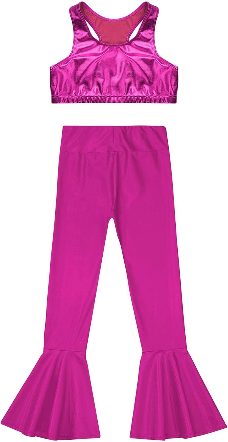 easyforever Kids Girls Shiny Metallic Athletic Crop Top with Bell Bottoms Pants Jazz Hip Hop Dance Gymnastic Dancewear