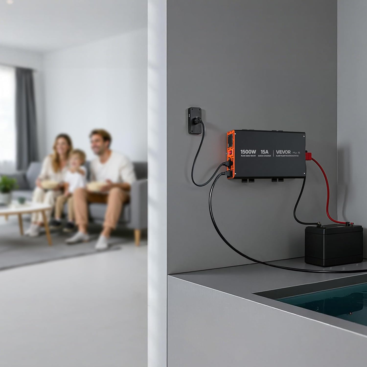 VEVOR 1500W Sump Pump Battery Backup System, LCD Display, Auto Switches to Battery Inverter Power for Sump Pump, Pure Sine Wave, for Basement Protection Emergency and Power Outage, Battery Not Include