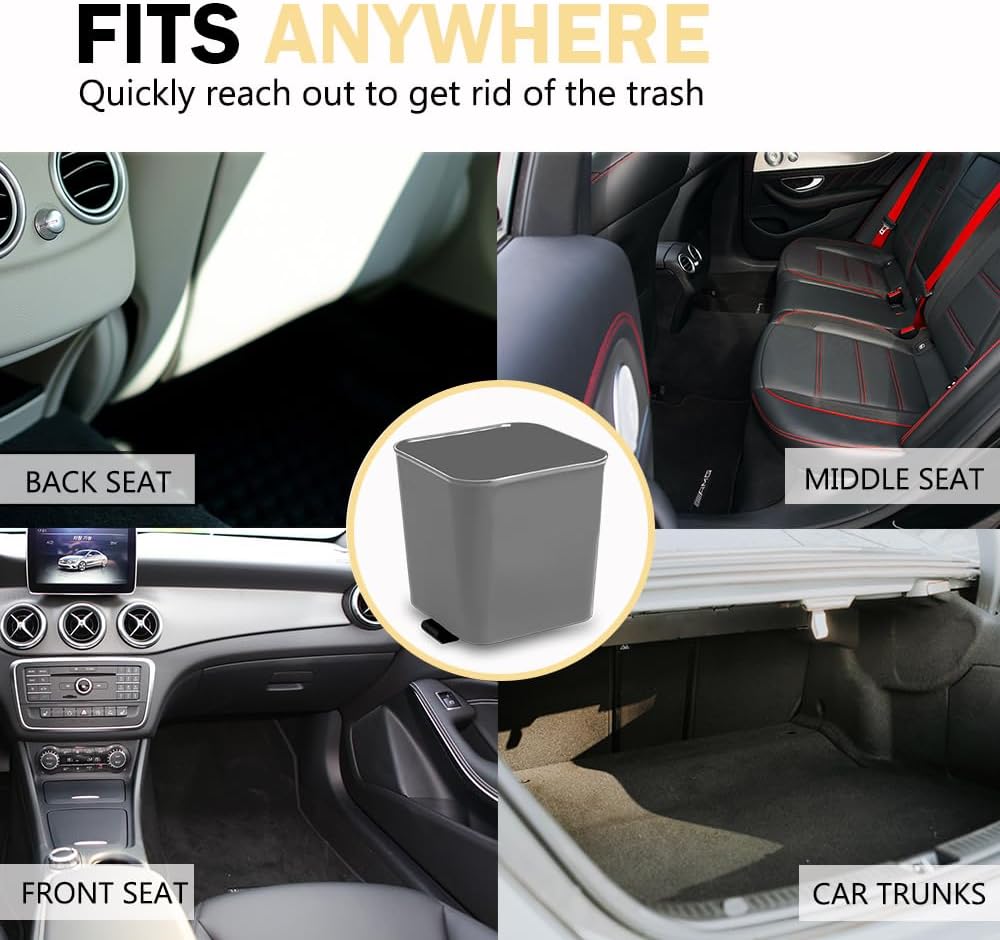 Gray Car Trash Can plus Trash bag bundle – Waterproof, w/Floor Mat Clip, Leakproof Build, Portable – Includes 1 Roll Inside + 6 Extra Roll (140pcs Total) – Black, Large – For Cars, SUV, &
