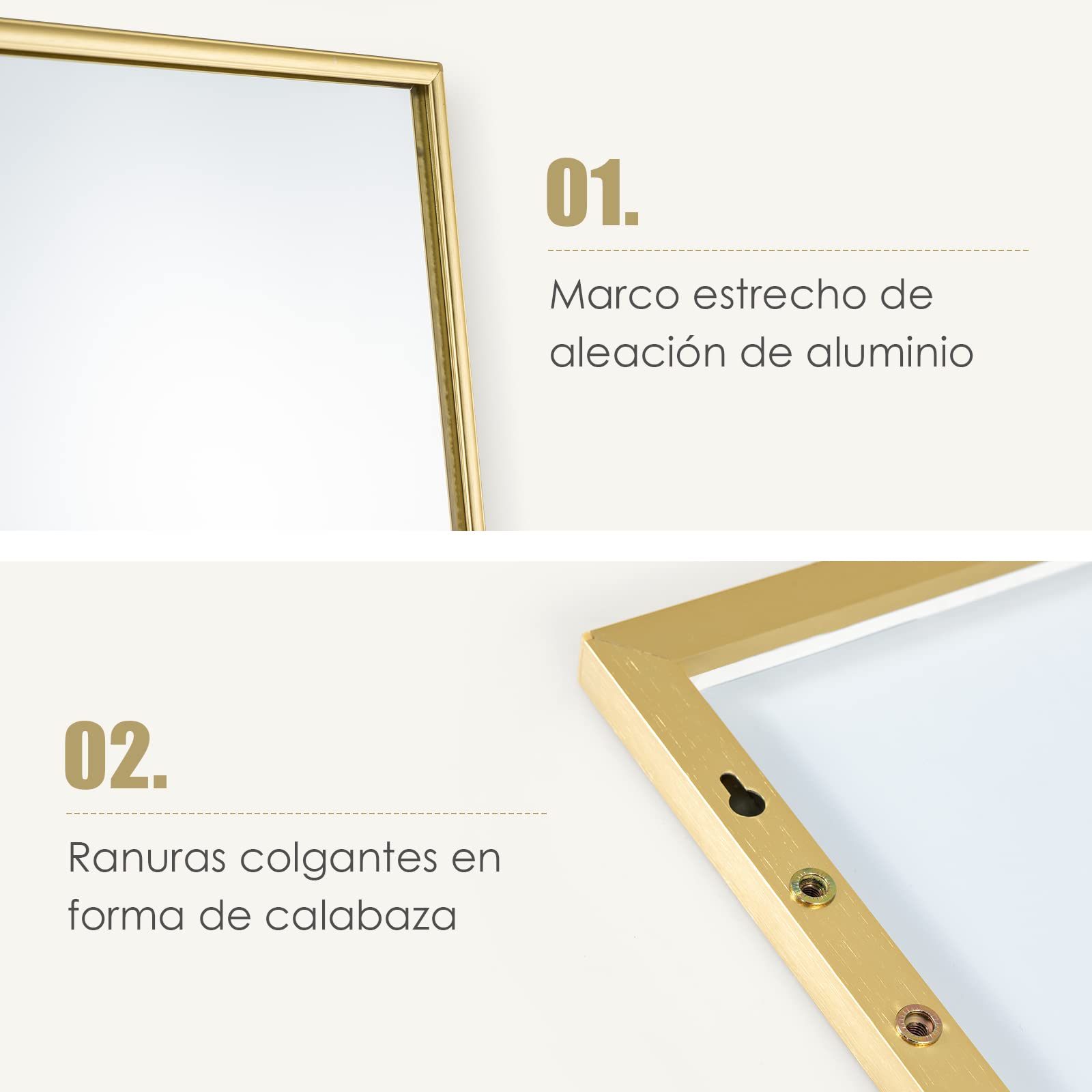 COSTWAY Espejo sobre Puerta de 120 x 37 cm, Espejo con Marco de Aleación de Aluminio y Cristal Irrompible, Espejo Colgante o de Pared con Ganchos para Armario, Dormitorio y Salón (Dorado)