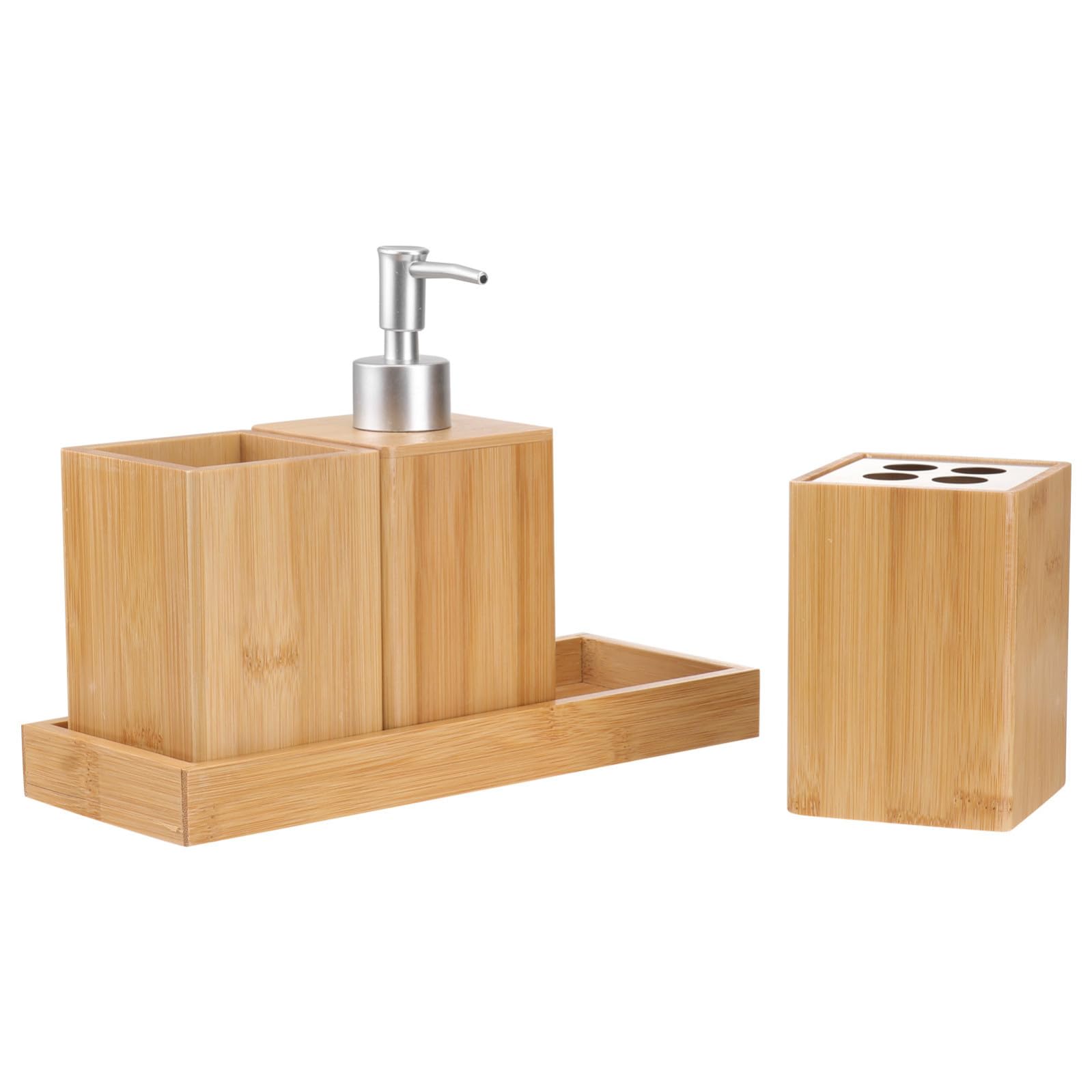 Set Accessori Bagno Bamboo 4 Pezzi in Ceramica e Legno | Marrone e Argento, Stile Elegante, Organizzazione per Lavabo e Ripiano, Formato Coordinato per Uso Quotidiano