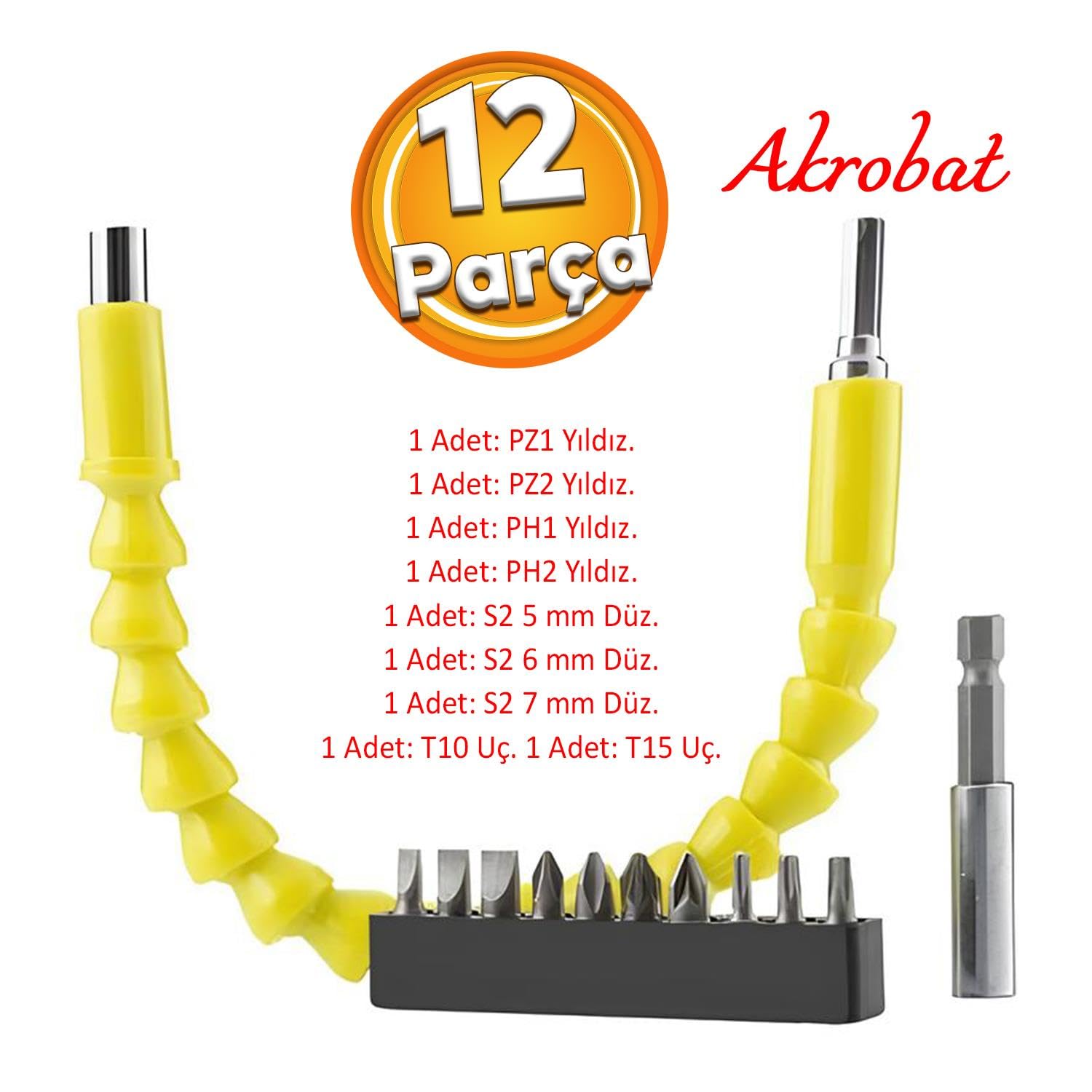 12 Parça Akrobat Kıvrılabilir Eğilebilir Vida Sıkma Sökme Bits Uç Vidalama Torx Yıldız Düz Uçlar
