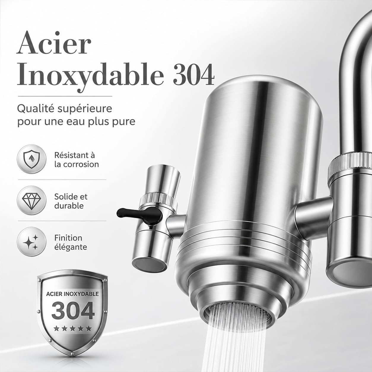 Purificateur d'eau Pureva pour robinets de cuisine, Filtre à Eau de Robinet avec Cartouche Céramique et Charbon Actif, Deux Modes, Acier Inoxydable 304 (3 cartouches filtrantes)