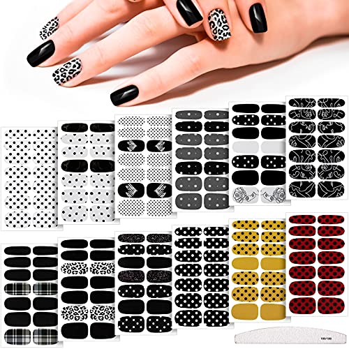 Dansib 12 Sheets Polka Dot Full Nail Wrap Resin Wrap Nail Polish Strips Stickers Self-Adhesive Nail Decals Multi-Colored Full Nail Stickers for Women Girls (Black and White Wave Point)