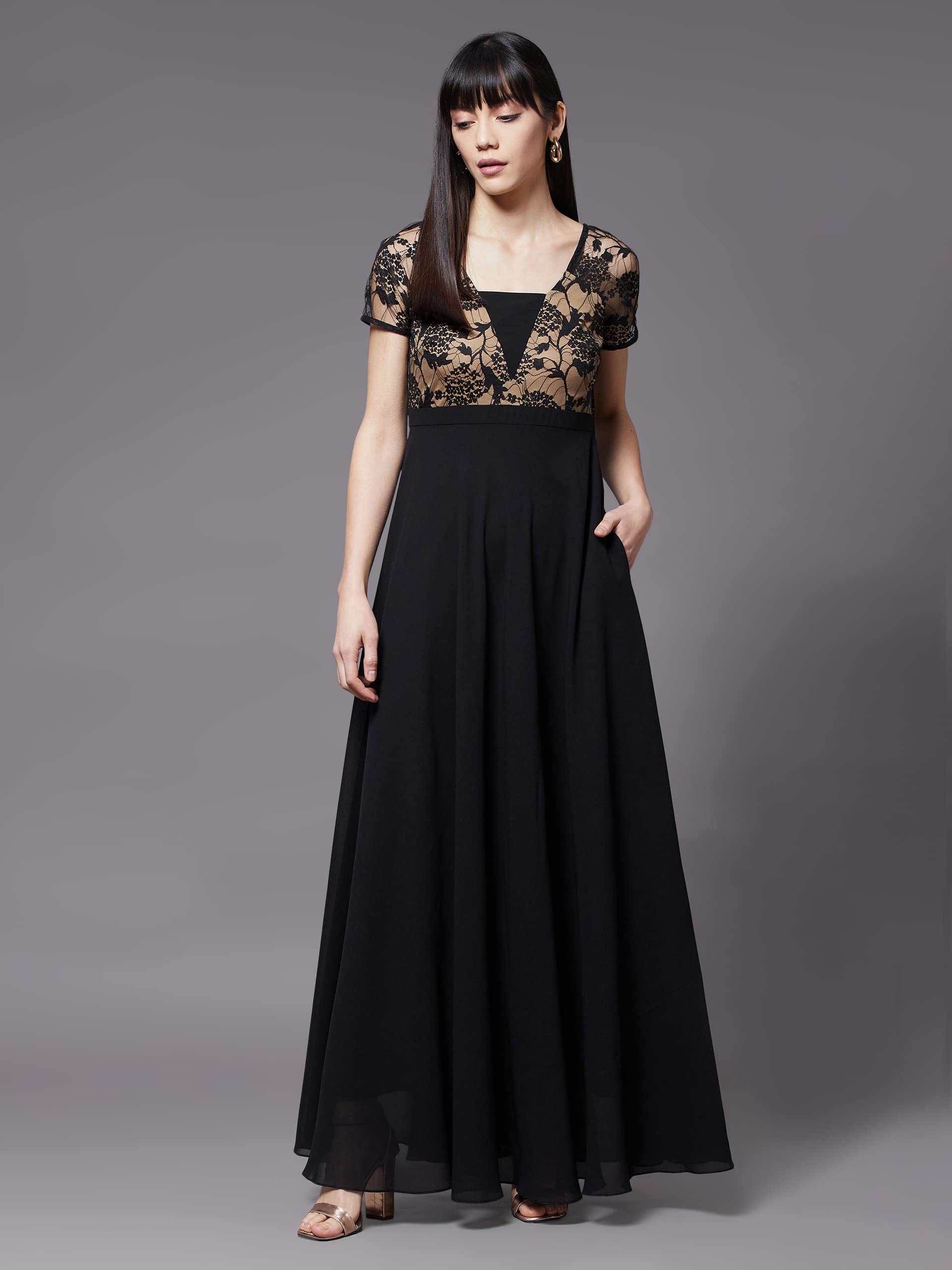 Miss Chase Women's Black Square Neck Short Sleeve Self Design Lace Overlaid Georgette Maxi Dress (Mcss22D06-48-62-04, Black, M)