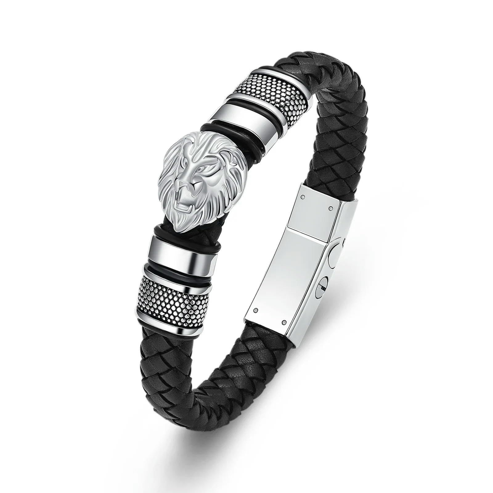 Pulsera de urna de león con cierre hermético de acero y cuero 1