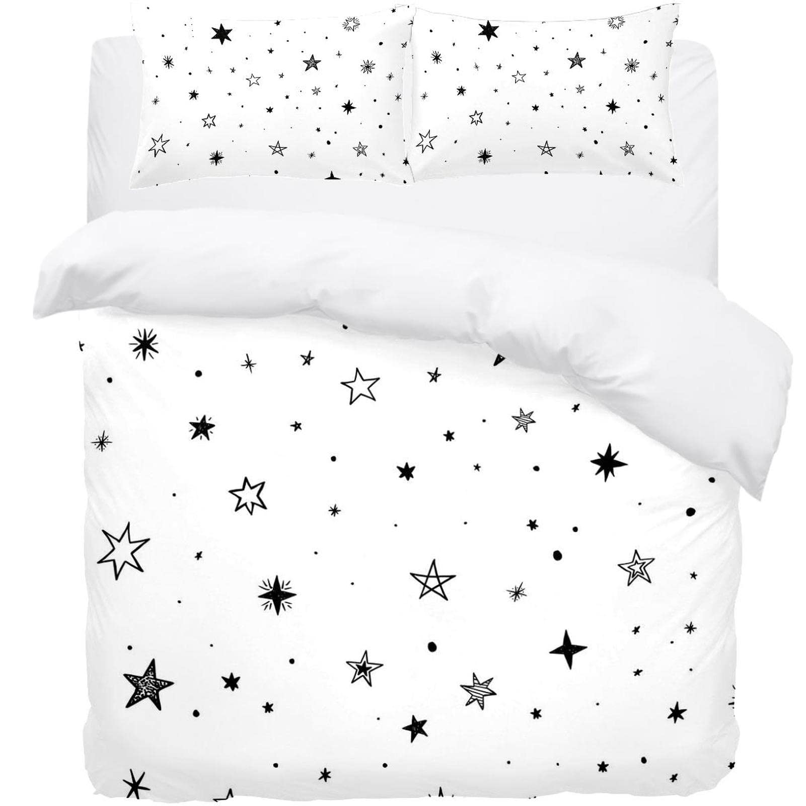 Parure de lit housse de couette étoiles noires et 2 taies d'oreiller lit double coton blanc
