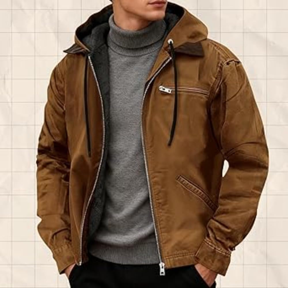 Men's Winter Thickened Fleece Lined Jacket, Waterproof Warm Zipped Up Tactical Hoodie Solid Heavy Work Bomber Jacket