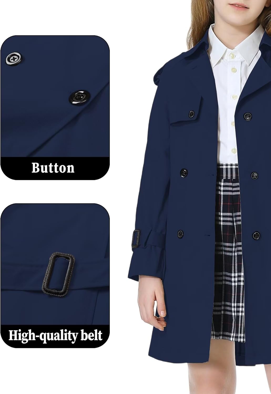 Detailed View of a Girl's Navy Blue Trench Coat Features