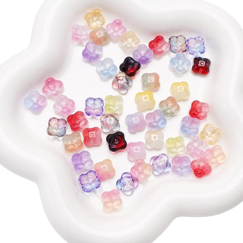 100PCS Glass Flower Beads for Jewelry Making 4 Petal Flower Bead Caps Gradient Cute Floral Beads Aesthetic Charms for Necklace Bracelets Earrings DIY Craft Home Decoration-Colorful - Image 2