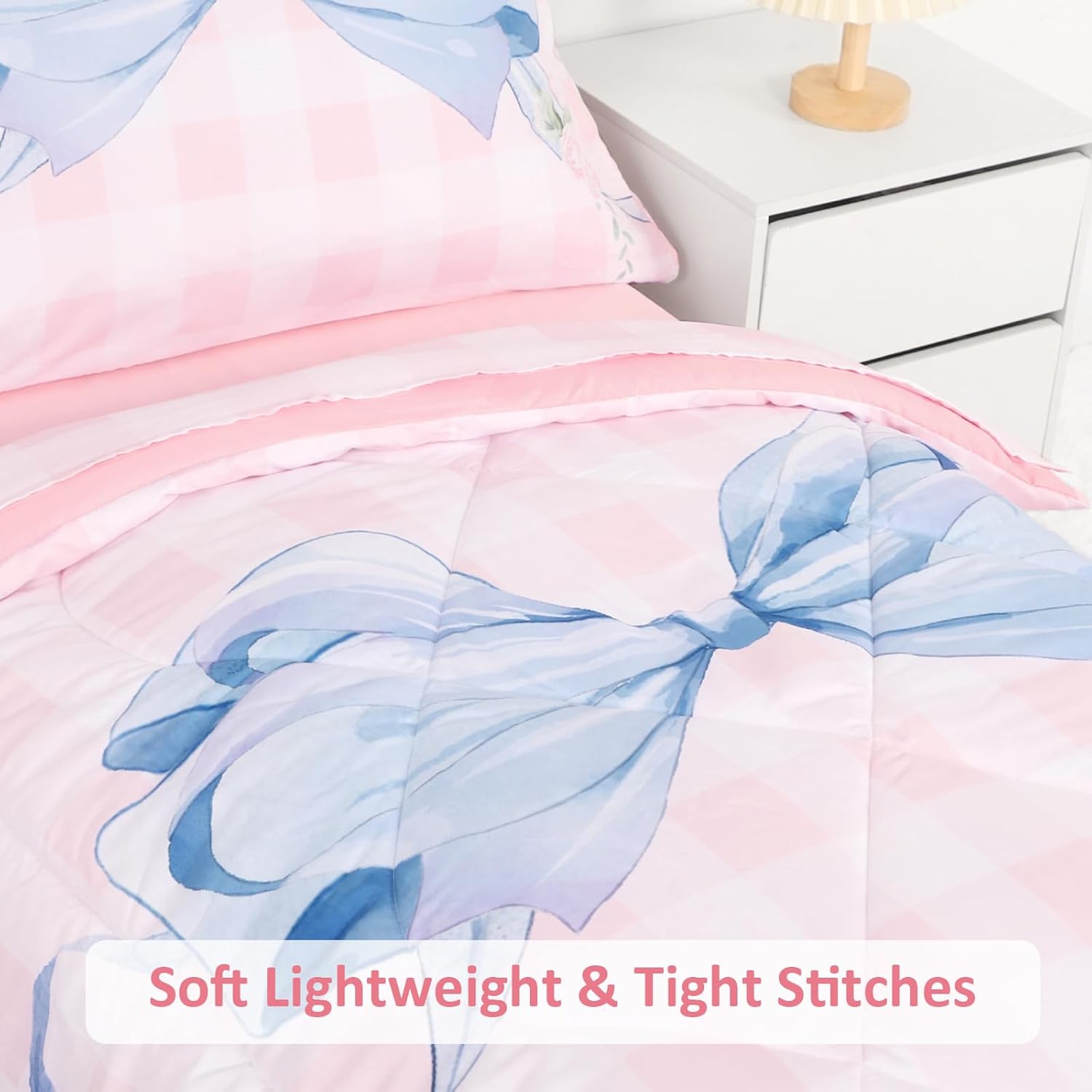 DILIMI Toddler Bedding Set for Girls, Pink Gingham Bow Toddler Comforter Set, 4 Pieces Soft Toddler Bed Set Include Comforter, Fitted Sheet, Flat Sheet, Pillowcase, Pink Checkered