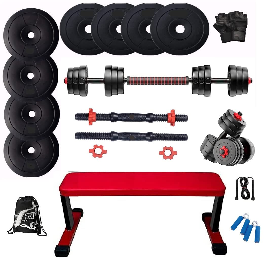 Bodyfit Home Gym Set (16kg -100kg) Weight Plate +Multi Extension Barbell Rod, 2 Dumbbell Rods+ Heavy Foot Flat Bench for Home Workouts (25Kg Weight Plates)-image-44